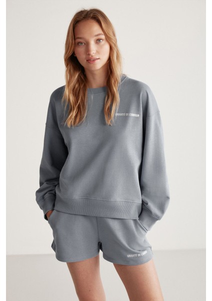 Jennıfer Kadın Organik Pamuklu Nakışlı Yuvarlak Yakalı Oversize Gri Sweatshirt