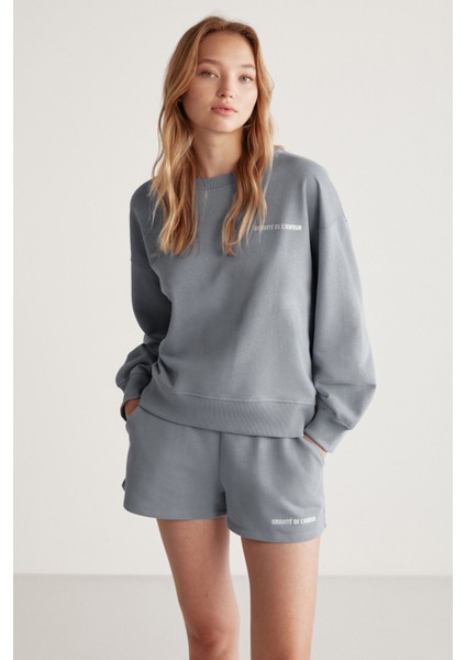 Jennıfer Kadın Organik Pamuklu Nakışlı Yuvarlak Yakalı Oversize Gri Sweatshirt modelleri
