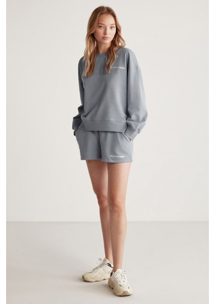 Jennıfer Kadın Organik Pamuklu Nakışlı Yuvarlak Yakalı Oversize Gri Sweatshirt fırsatları