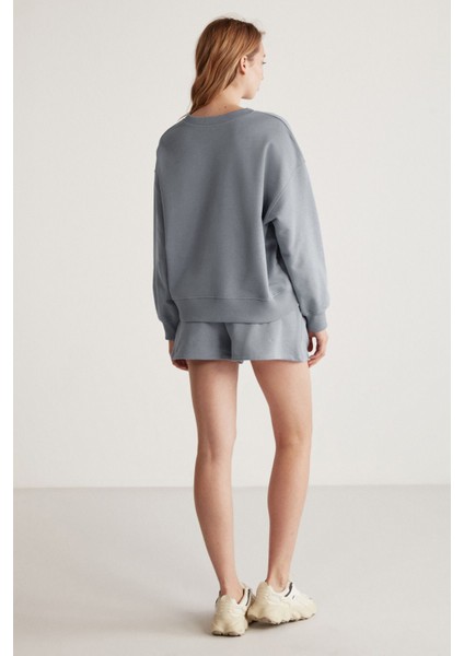 Jennıfer Kadın Organik Pamuklu Nakışlı Yuvarlak Yakalı Oversize Gri Sweatshirt indirimleri