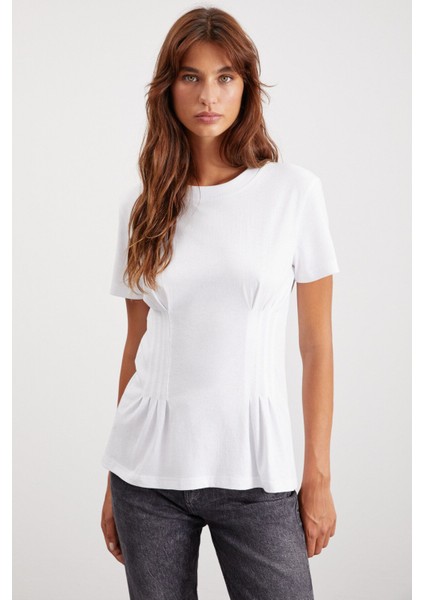 Jessıa Kadın Bisiklet Yaka %100 Pamuk Korse Detaylı Beyaz T-shirt fiyatları