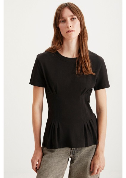 Jessıa Kadın Bisiklet Yaka %100 Pamuk Korse Detaylı Siyah T-shirt fiyatları