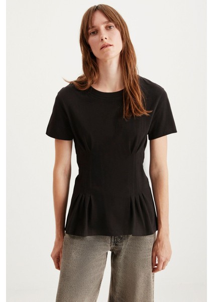 Jessıa Kadın Bisiklet Yaka %100 Pamuk Korse Detaylı Siyah T-shirt fırsatları