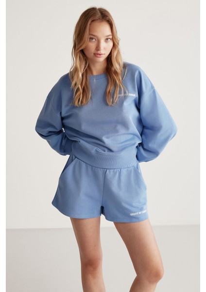 Jennıfer Kadın Organik Pamuklu Nakışlı Yuvarlak Yakalı Oversize Mavi Sweatshirt fiyatları