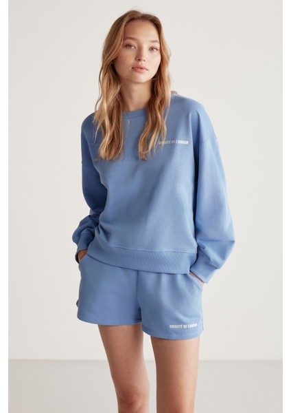 Jennıfer Kadın Organik Pamuklu Nakışlı Yuvarlak Yakalı Oversize Mavi Sweatshirt modelleri