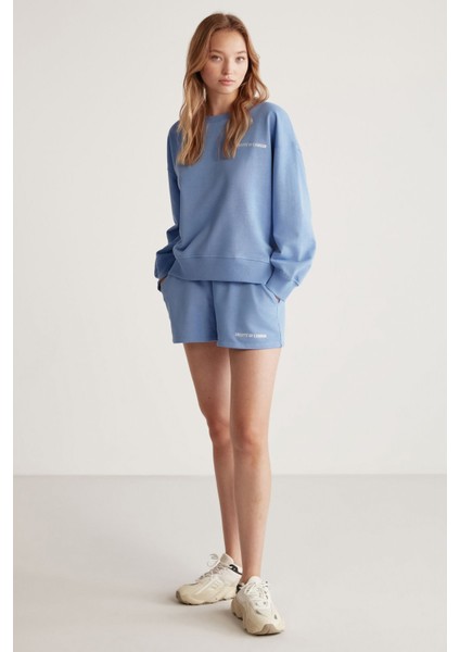 Jennıfer Kadın Organik Pamuklu Nakışlı Yuvarlak Yakalı Oversize Mavi Sweatshirt fırsatları