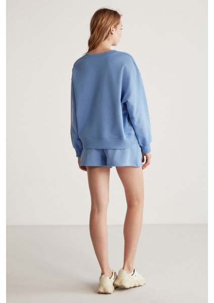 Jennıfer Kadın Organik Pamuklu Nakışlı Yuvarlak Yakalı Oversize Mavi Sweatshirt indirimleri