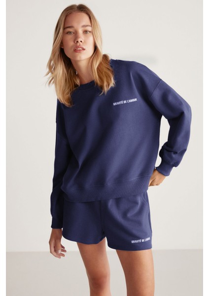 JENNIFER Kadın Yumuşacık Nakış Detaylı Organik Pamuk Oversize Lacivert Sweatshirt
