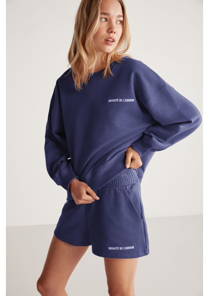 JENNIFER Kadın Yumuşacık Nakış Detaylı Organik Pamuk Oversize Lacivert Sweatshirt fiyatları