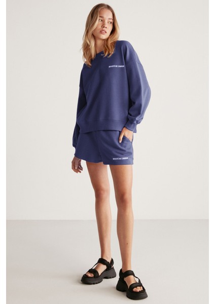 JENNIFER Kadın Yumuşacık Nakış Detaylı Organik Pamuk Oversize Lacivert Sweatshirt modelleri