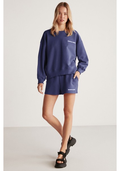 JENNIFER Kadın Yumuşacık Nakış Detaylı Organik Pamuk Oversize Lacivert Sweatshirt fırsatları
