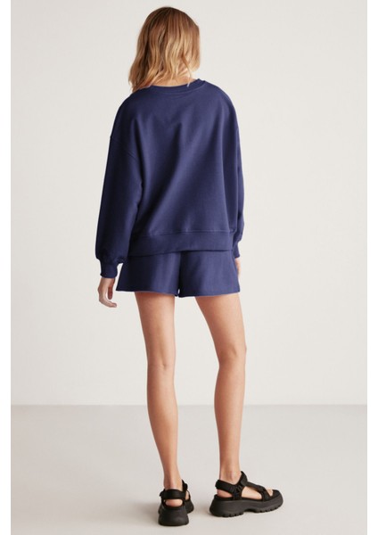 JENNIFER Kadın Yumuşacık Nakış Detaylı Organik Pamuk Oversize Lacivert Sweatshirt indirimleri