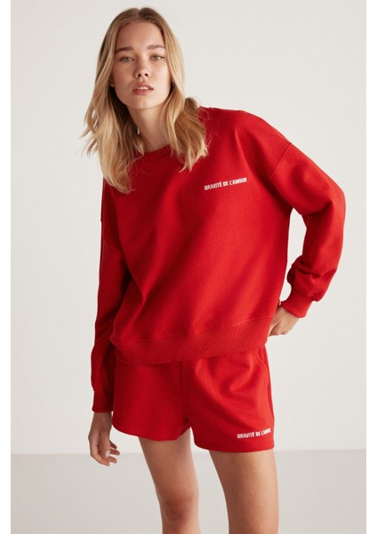 Jennıfer Kadın Organik Pamuklu Nakışlı Yuvarlak Yakalı Oversize Kırmızı Sweatshirt