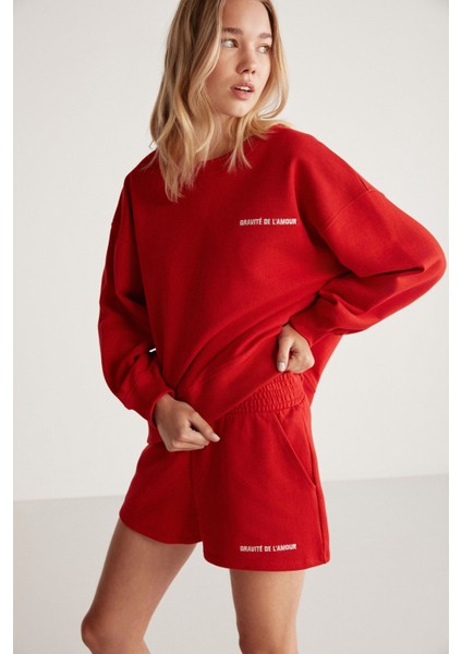 Jennıfer Kadın Organik Pamuklu Nakışlı Yuvarlak Yakalı Oversize Kırmızı Sweatshirt fiyatları