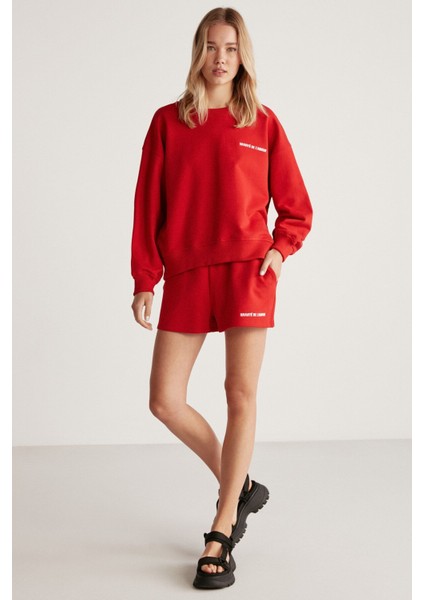 Jennıfer Kadın Organik Pamuklu Nakışlı Yuvarlak Yakalı Oversize Kırmızı Sweatshirt fırsatları