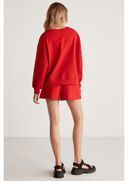 Jennıfer Kadın Organik Pamuklu Nakışlı Yuvarlak Yakalı Oversize Kırmızı Sweatshirt indirimleri