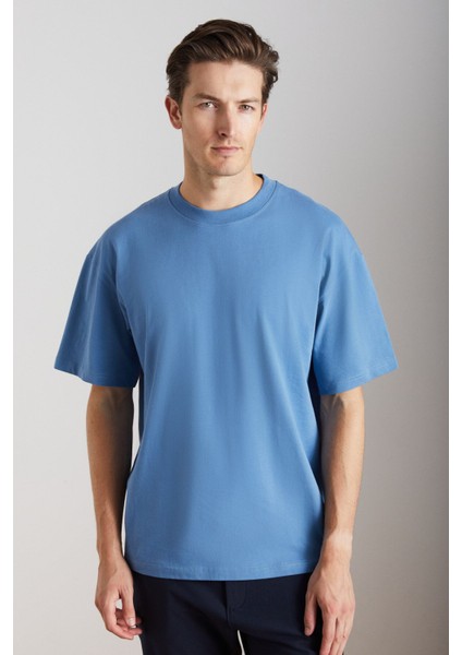 Jett Erkek Oversize Fit Pamuk Kalın Dokulu Indıgo T-shirt