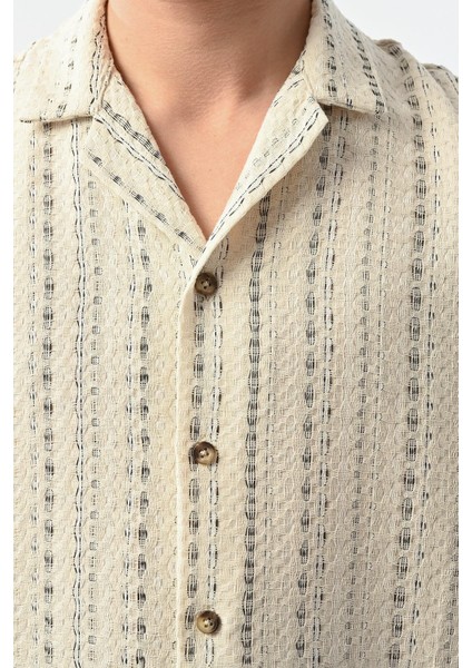 Bohem Çizgili Örme Kumaş Erkek Gömlek - Ekru fiyatları