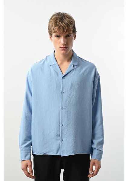 Viskon Dikey Çizgili Rahat Kalıp Erkek Gömlek - Mavi