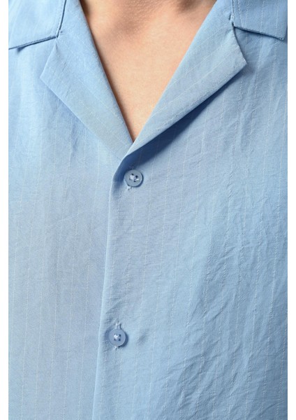 Viskon Dikey Çizgili Rahat Kalıp Erkek Gömlek - Mavi fiyatları