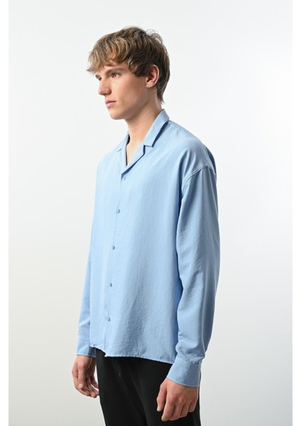 Viskon Dikey Çizgili Rahat Kalıp Erkek Gömlek - Mavi modelleri