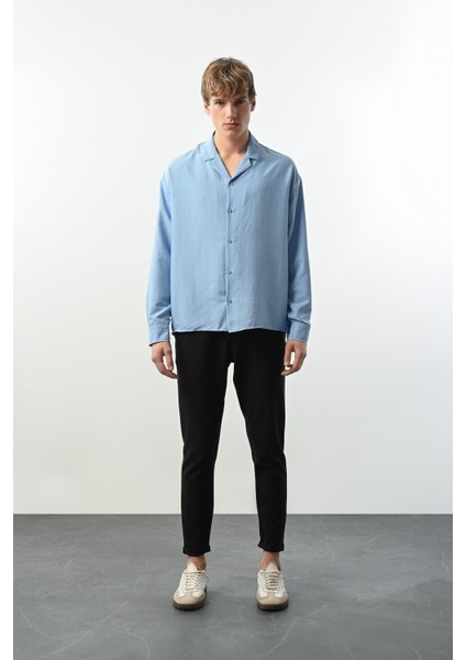 Viskon Dikey Çizgili Rahat Kalıp Erkek Gömlek - Mavi fırsatları