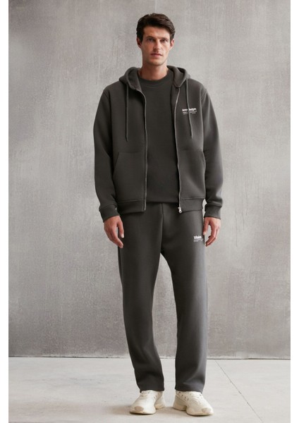 Aksel Erkek Yumuşacık %100 Organik Pamuk Oversize Fermuarlı Baskılı Kapüşonlu Koyu Gri Sweatshirt modelleri