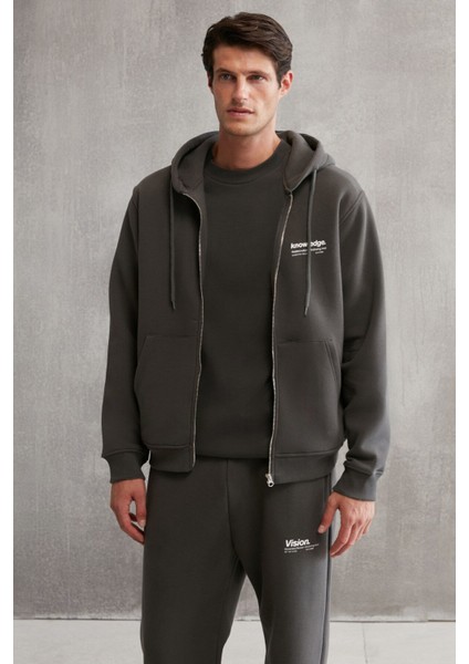 Aksel Erkek Yumuşacık %100 Organik Pamuk Oversize Fermuarlı Baskılı Kapüşonlu Koyu Gri Sweatshirt fırsatları