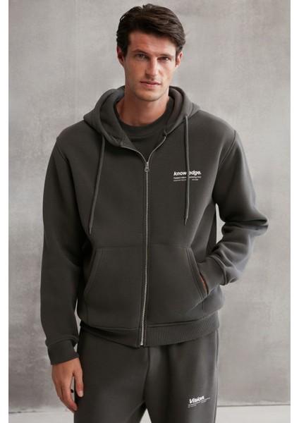 Aksel Erkek Yumuşacık %100 Organik Pamuk Oversize Fermuarlı Baskılı Kapüşonlu Koyu Gri Sweatshirt indirimleri