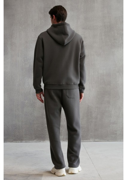 Aksel Erkek Yumuşacık %100 Organik Pamuk Oversize Fermuarlı Baskılı Kapüşonlu Koyu Gri Sweatshirt