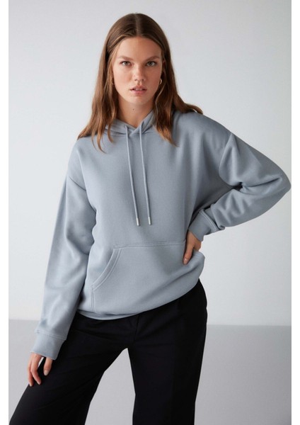 Adel Relaxed Fit Örme Kanguru Cepli Kapüşonlu Mavi Sweatshirt