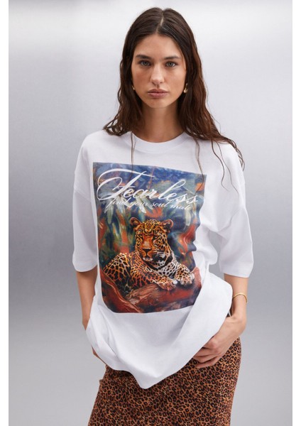 Aılıs Kadın %100 Pamuk Oversize Baskılı Beyaz T-shirt