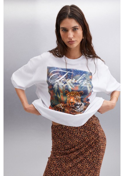 Aılıs Kadın %100 Pamuk Oversize Baskılı Beyaz T-shirt