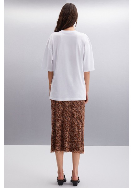Aılıs Kadın %100 Pamuk Oversize Baskılı Beyaz T-shirt