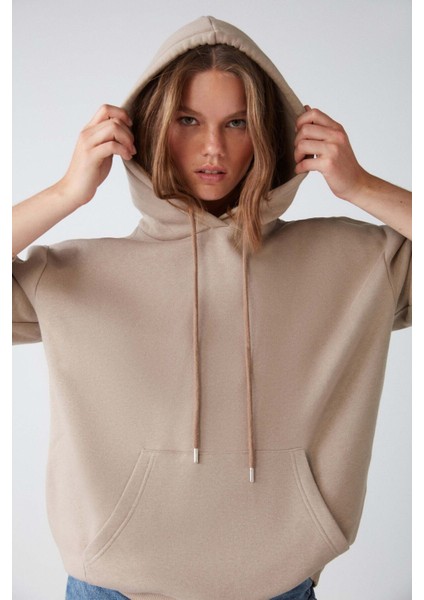 Adel Relaxed Fit Örme Kanguru Cepli Kapüşonlu Bej Sweatshirt fiyatları