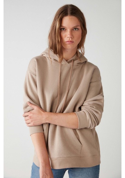 Adel Relaxed Fit Örme Kanguru Cepli Kapüşonlu Bej Sweatshirt fırsatları