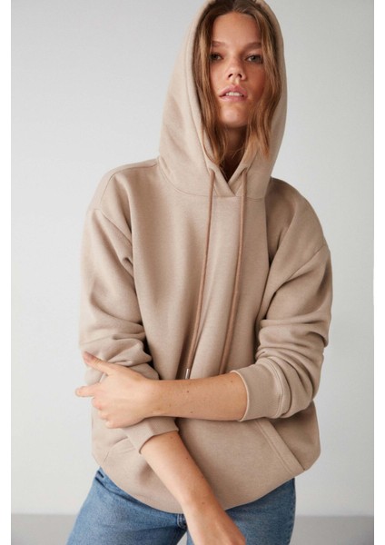 Adel Relaxed Fit Örme Kanguru Cepli Kapüşonlu Bej Sweatshirt indirimleri