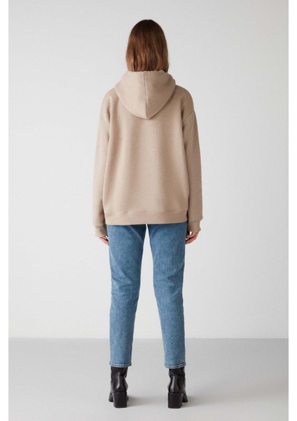 Adel Relaxed Fit Örme Kanguru Cepli Kapüşonlu Bej Sweatshirt
