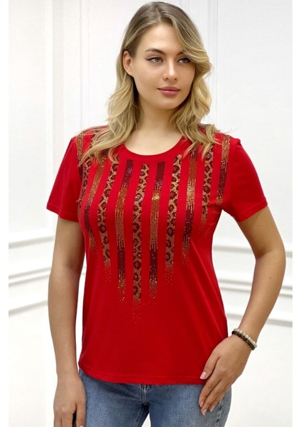 Leopar Crystal Taşlı Kısa Kol Bisiklet Yaka Büyük Beden Plus Size Pamuk Beyaz Kadın T-Shirt
