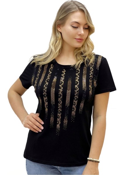 Leopar Crystal Taşlı Kısa Kol Bisiklet Yaka Büyük Beden Plus Size Pamuk Beyaz Kadın T-Shirt