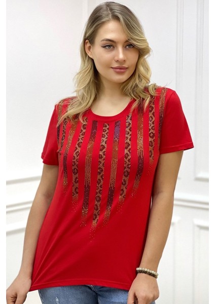 Leopar Crystal Taşlı Kısa Kol Bisiklet Yaka Büyük Beden Plus Size Pamuk Beyaz Kadın T-Shirt