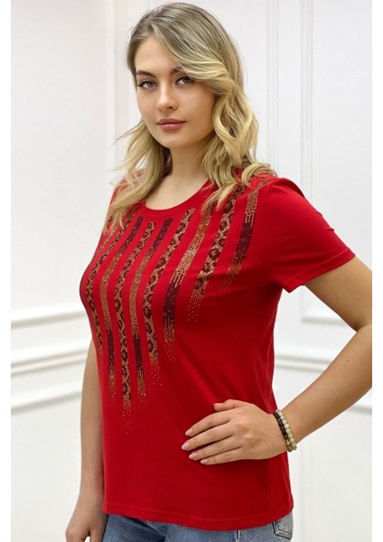 Leopar Crystal Taşlı Kısa Kol Bisiklet Yaka Büyük Beden Plus Size Pamuk Beyaz Kadın T-Shirt modelleri