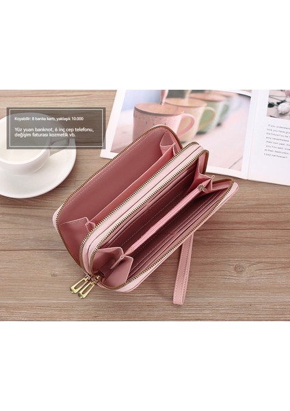Bayan Cüzdan Kadın Uzun Deri Cüzdan Moda Çift Fermuarlı Kart Tutucu Clutch Cüzdan (Yurt Dışından)