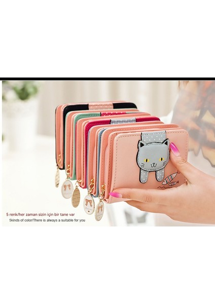 Bayan Cüzdan Kısa Kart Tutucu Fermuarlı Karikatür Kedi Balık Yiyen Baskı Öğrenci Para Cüzdanı (Yurt Dışından) indirimleri