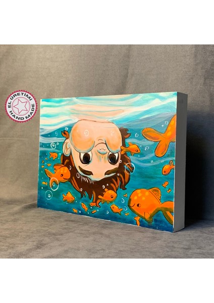 El Yapımı Balıklar ve Çoçuk Temalı Dekoratif Pano - 30 x 22 cm