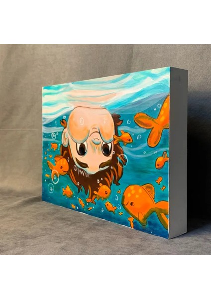 El Yapımı Balıklar ve Çoçuk Temalı Dekoratif Pano - 30 x 22 cm