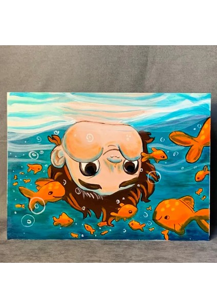 El Yapımı Balıklar ve Çoçuk Temalı Dekoratif Pano - 30 x 22 cm