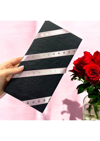 Gümüş Kalp Baskılı Pembe Saten Şerit Kurdele, 1.5 cm Saten Kurdele, 3 Metre fiyatları