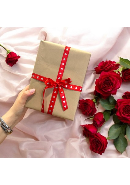 Gümüş Kalp Baskılı Kırmızı Saten Şerit Kurdele, 1.5 cm Saten Kurdele, 3 Metre