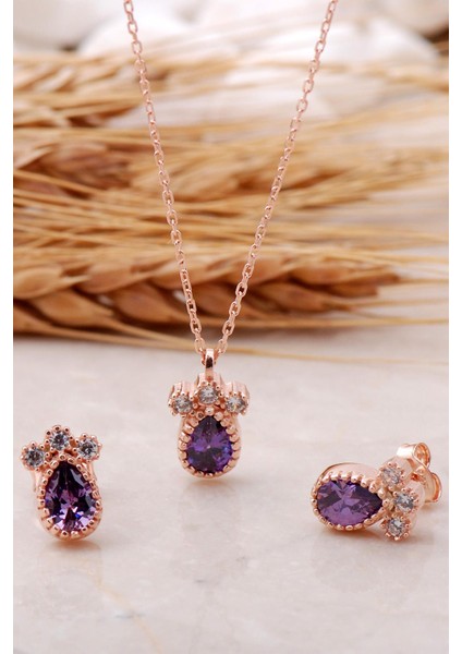 Ametist Taşlı Damla Rose Gümüş Set 2473